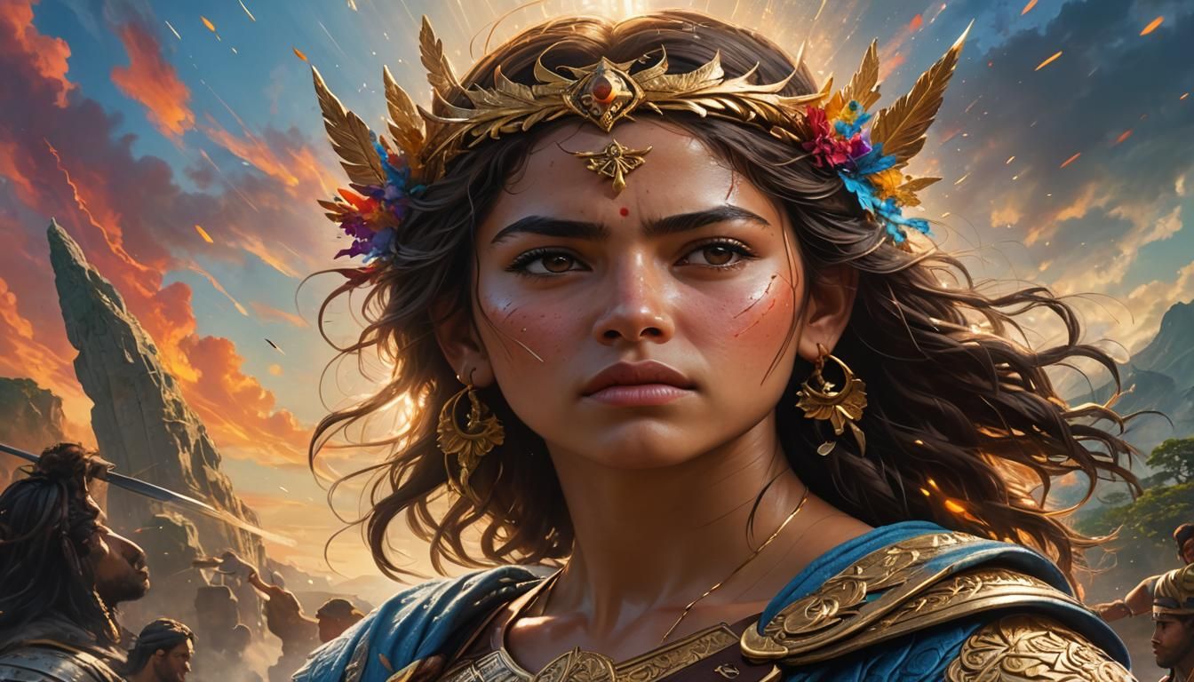 Beautiful Woman Warrior in a Paradise Sky