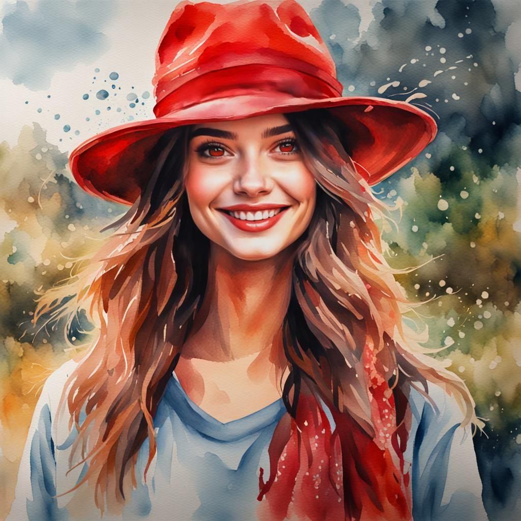Woman in Red Hat: Hyperrealistic Watercolor Portrait