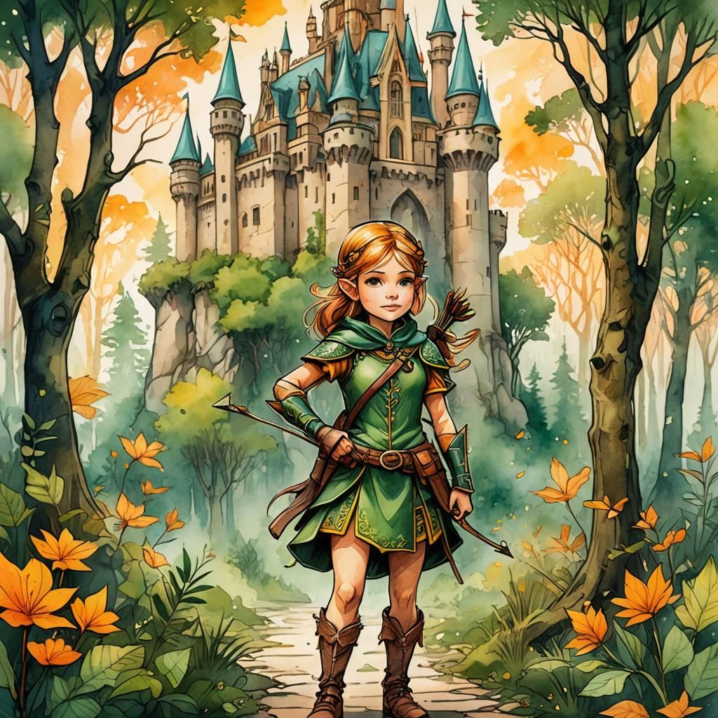 Enchanting Elven Archer in Forest, Watercolor Art