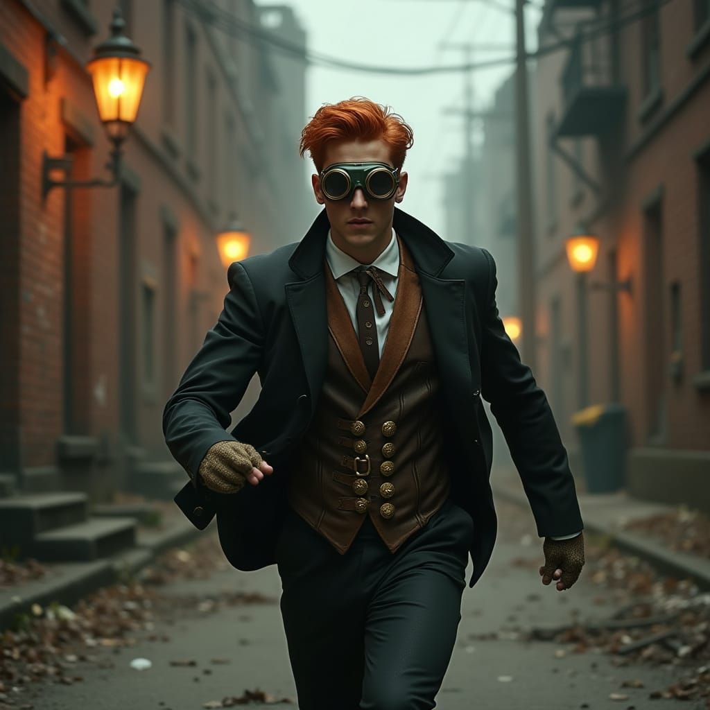 Red Haired Man in Techno Victorian Cyberpunk Scene