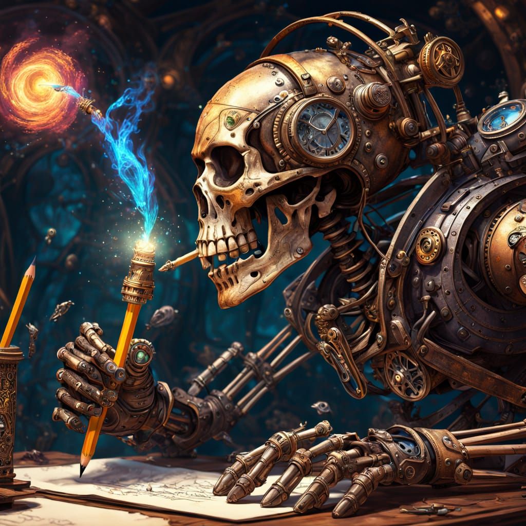 Steampunk Astronaut Emerges From Pencil, Holding Universe