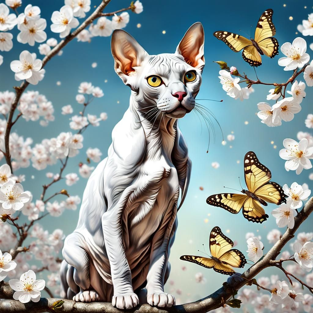 Sphynx Cat with Butterfly in Klimt-Inspired Style