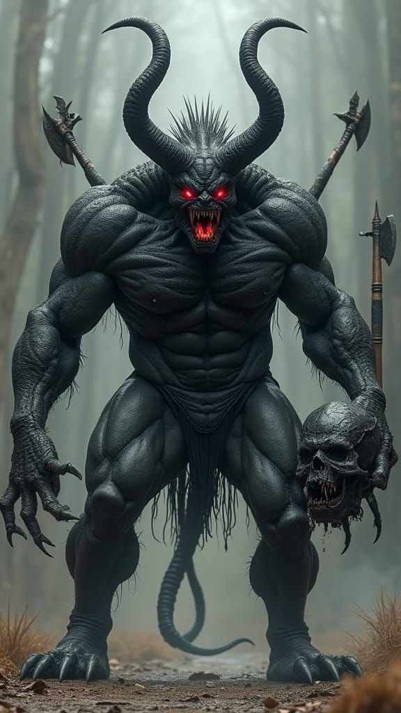Gothic Black Demon Bodybuilder with Eight Arms