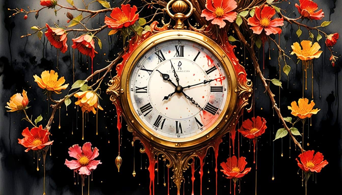 Melting Clock Watercolor Painting with Golden Rain