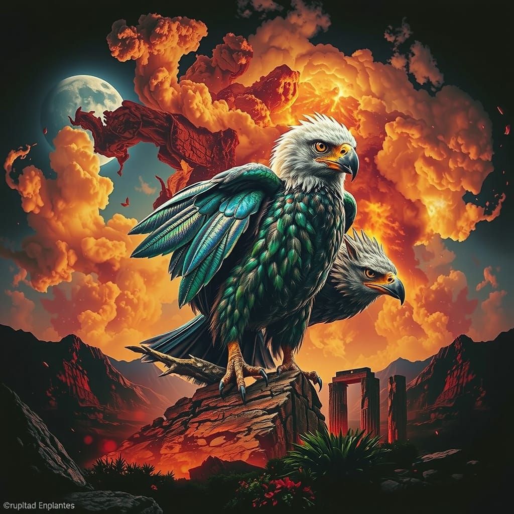 Majestic Griffin on Ancient Ruins in Bioluminescent Glow