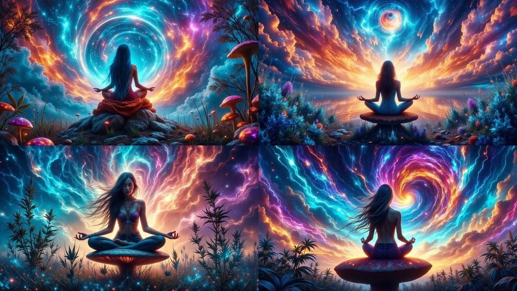 Psychedelic Boho Hippie Girl Meditating in Art Nouveau Style