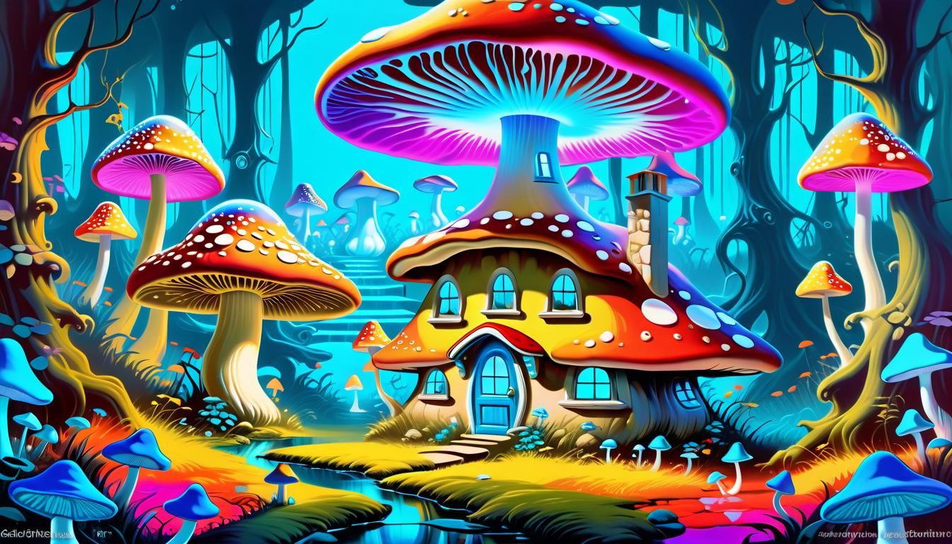 Surreal Mushroom House in Bioluminescent Forest