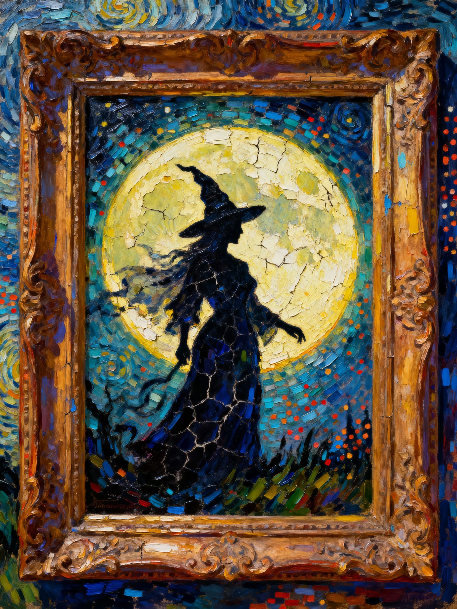 Witch Silhouette Under Moonlit Sky, Neo-Impressionist Oil Pa...