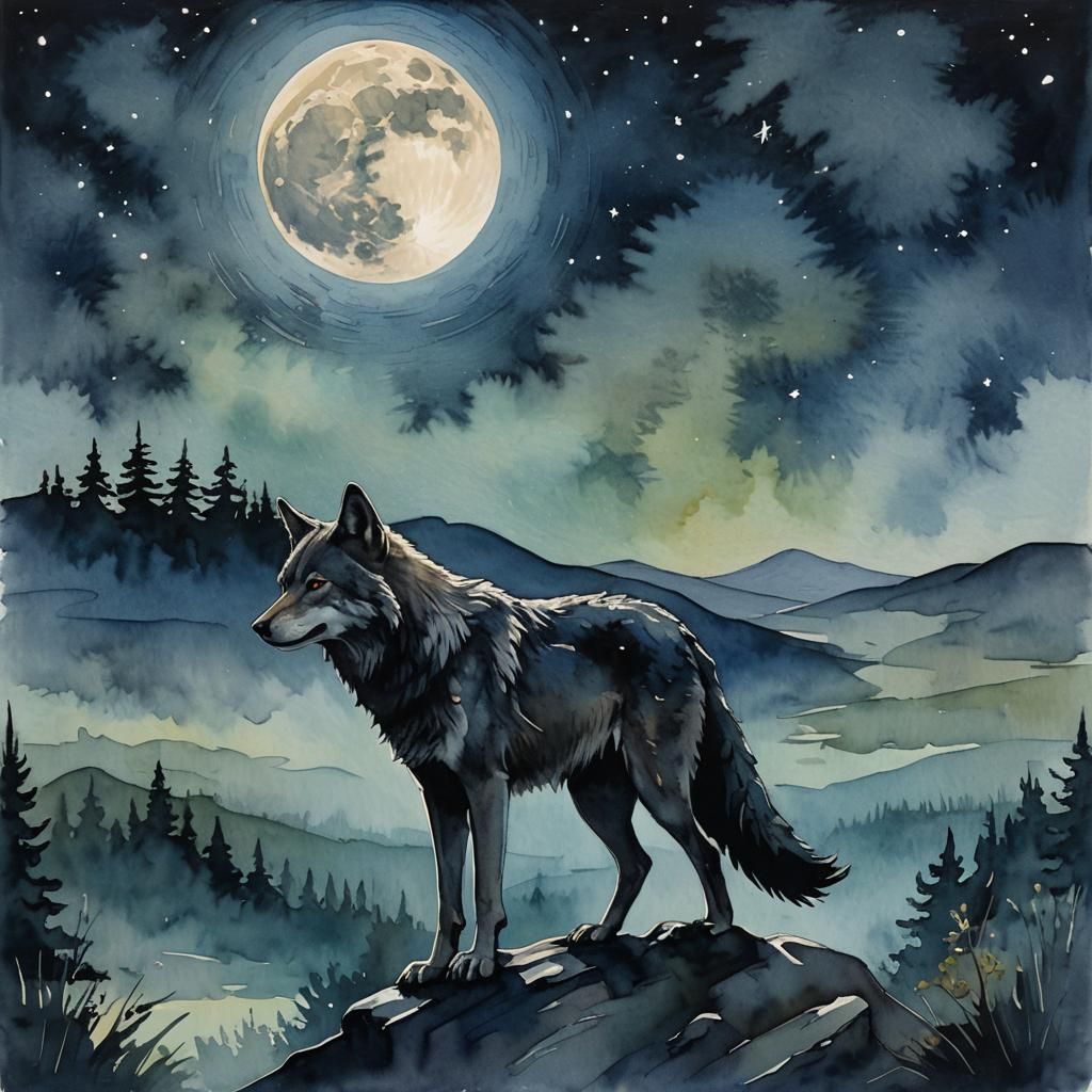 Wolf Silhouette in Moonlit Gouache Landscape