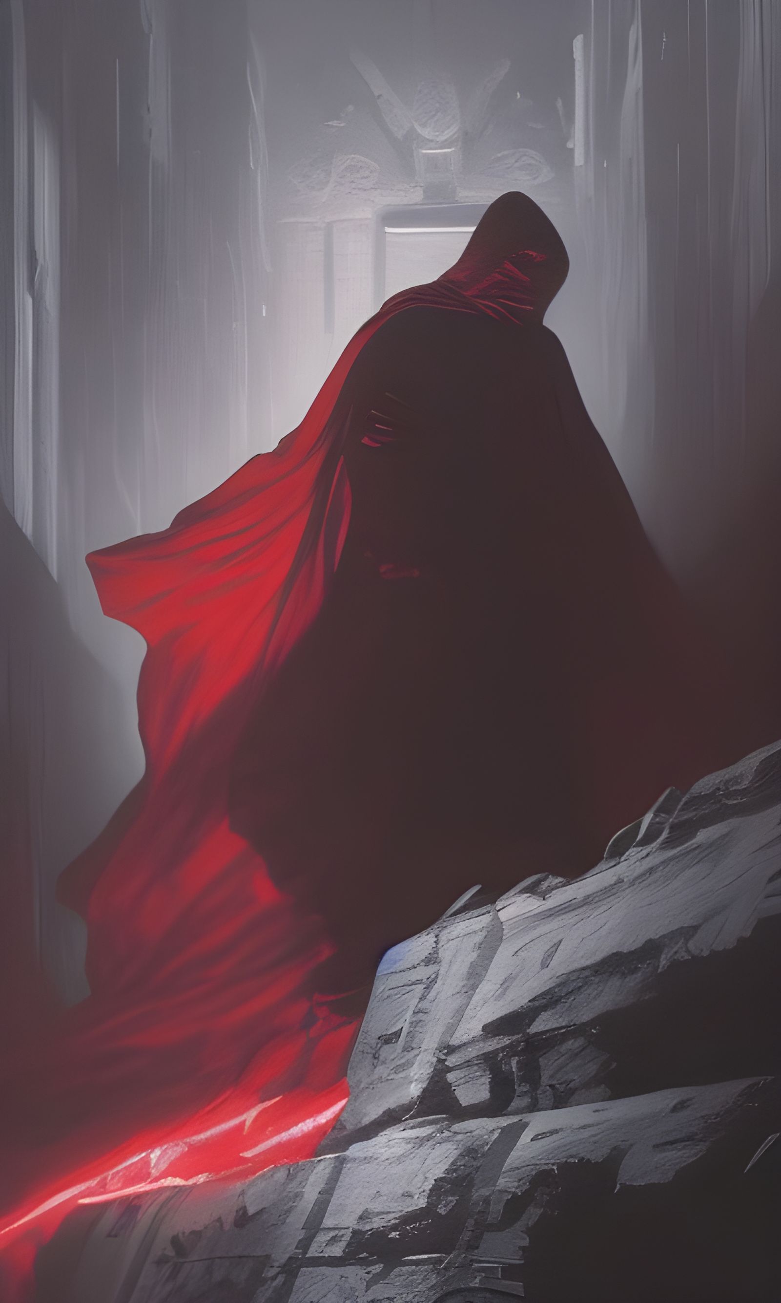 Red Cloak Figure in Film Noir Style