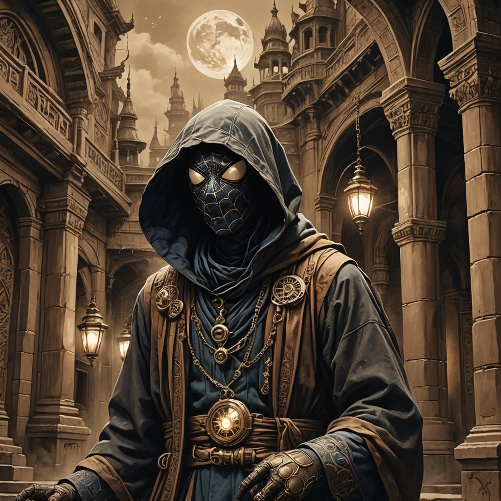 Spiderman as Steampunk Monk in Ancient Temple
