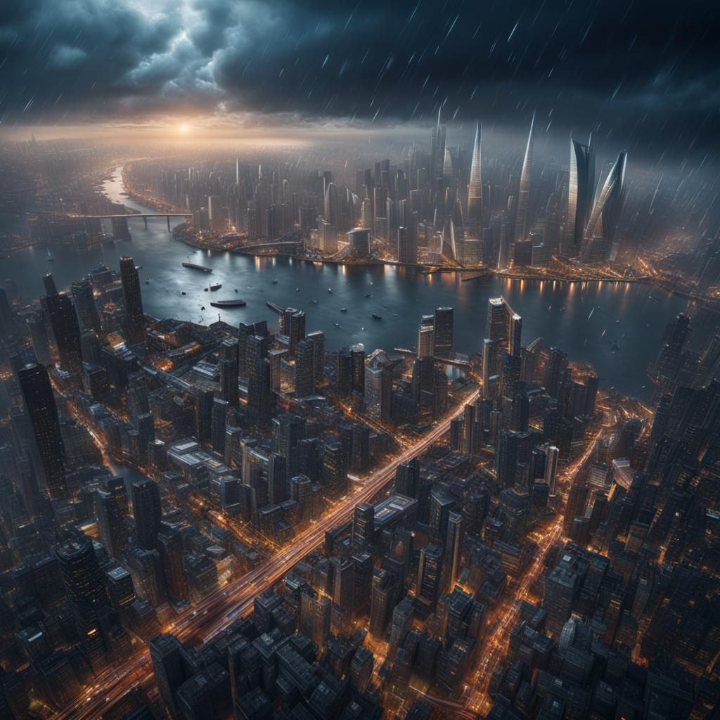 Hyperdetailed Cityscape in Rain: 8K Professional Photography