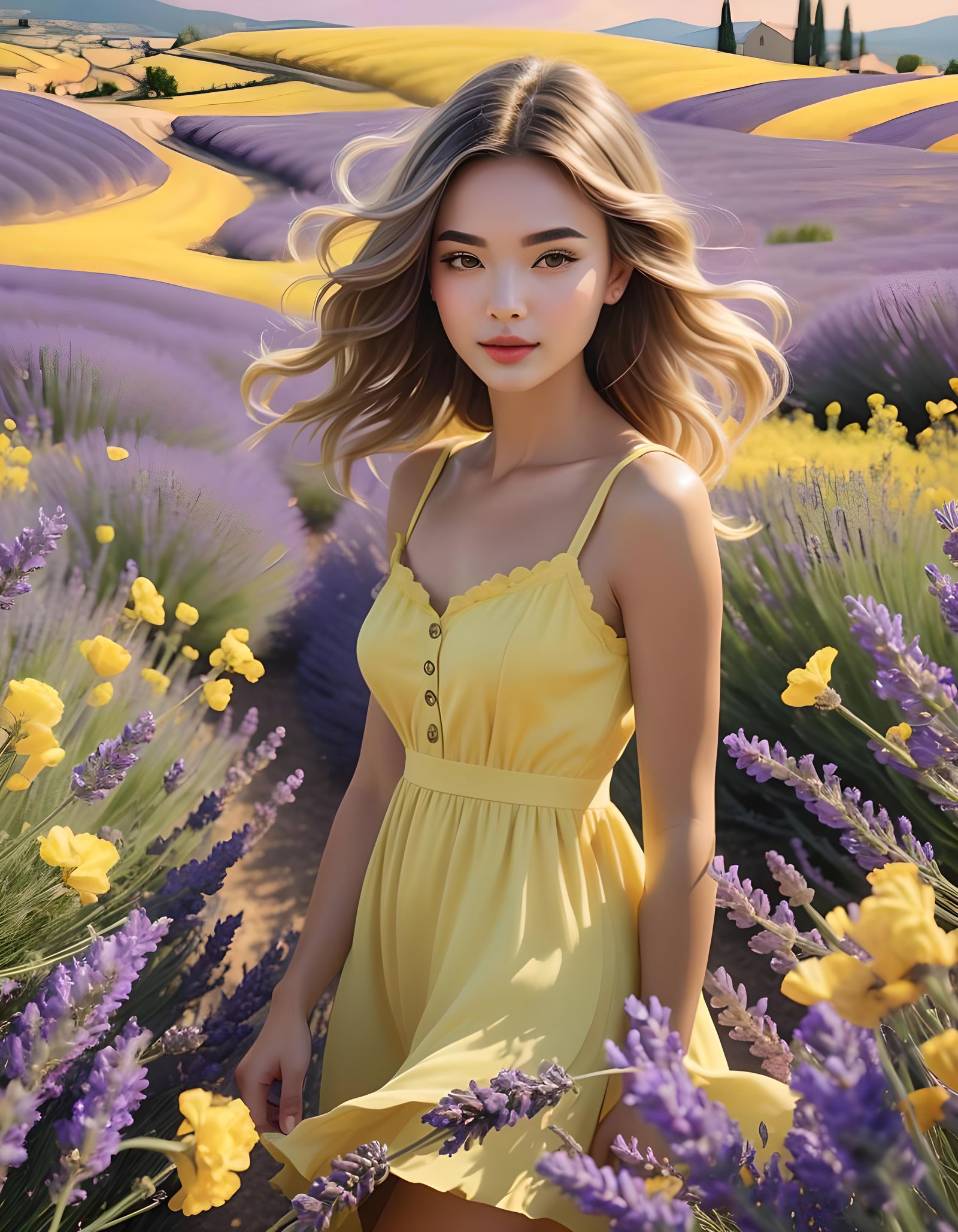 Girl in Lavender Field: Digital Art Aesthetic