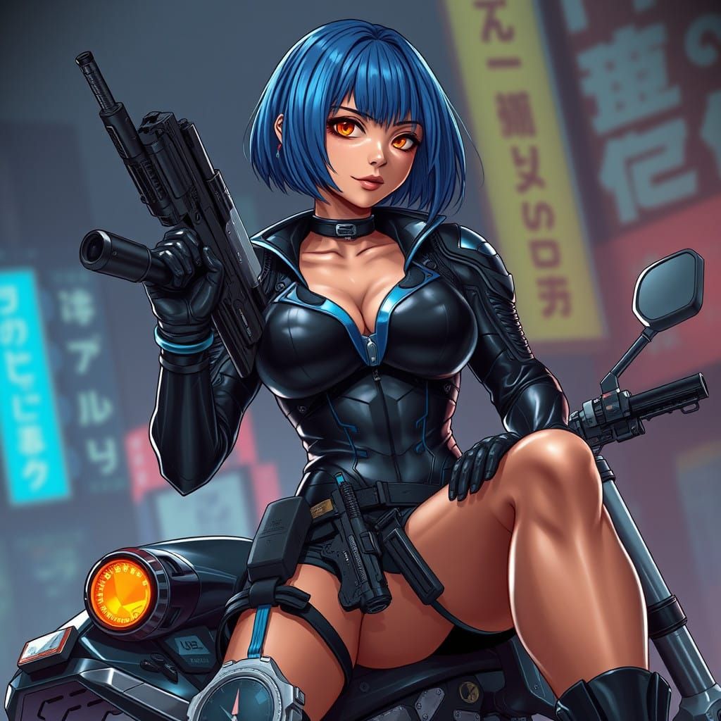 Surreal Cyberpunk Warrior Reclines on High-Tech Motorcycle