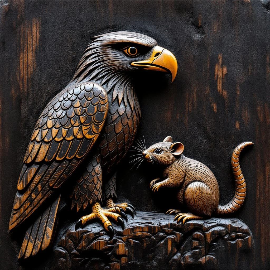 Eagle and Rodent Carved in Ancient Dark Wood