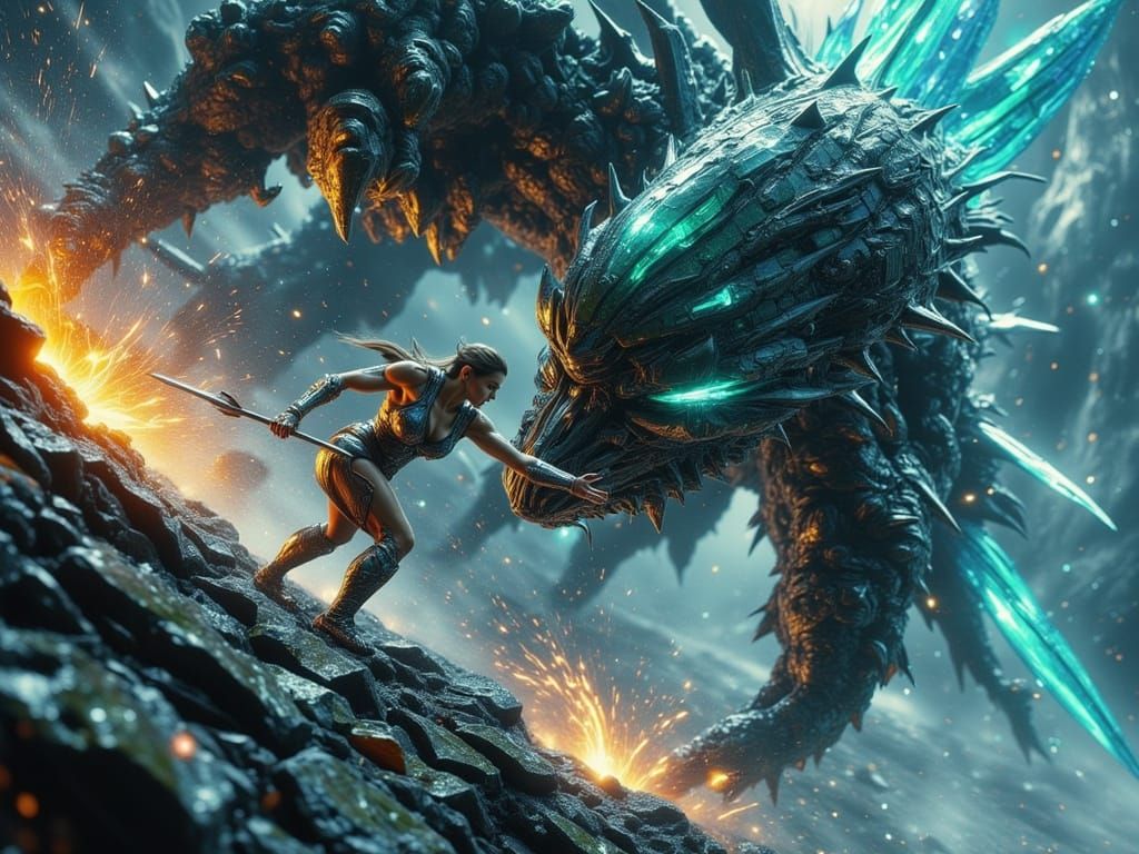 Futuristic Warrior Battles Alien Beast in Cosmic Clash