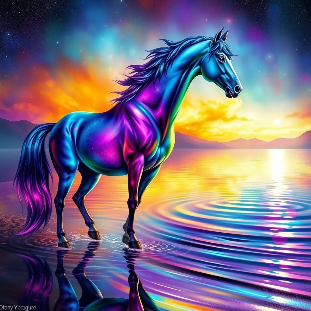 Luminescent Horse at Shimmering Lake: Dreamlike Aura