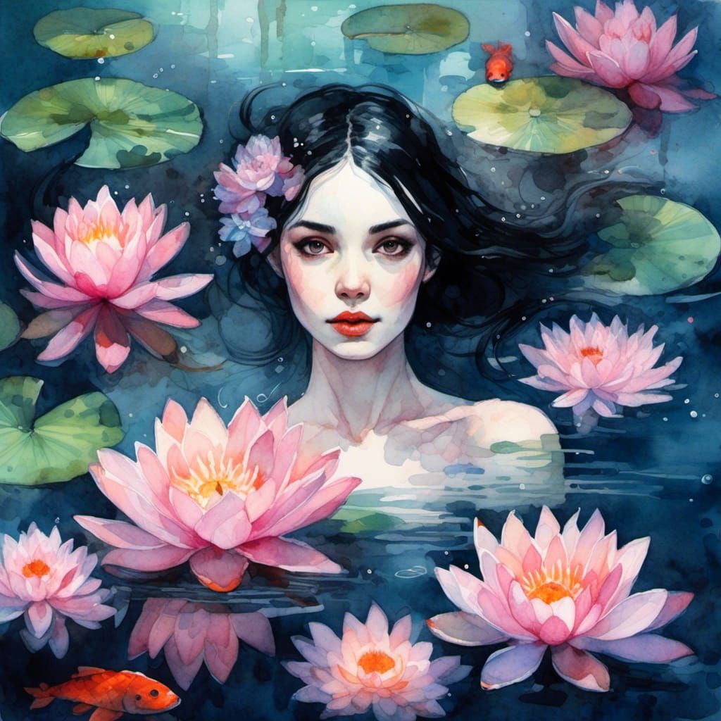 Gothic Watercolor Portrait of Woman Swimming in Lake