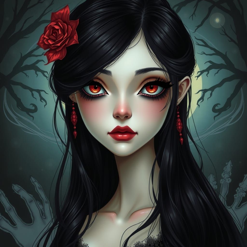 Ethereal Emo Goth Cartoon Portrait in Dark Art Nouveau Style