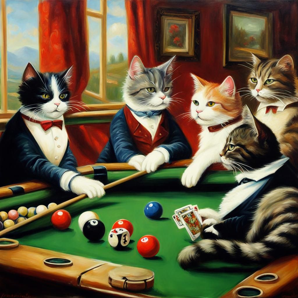 Cats Playing Pool in Dogs Playing Poker Style