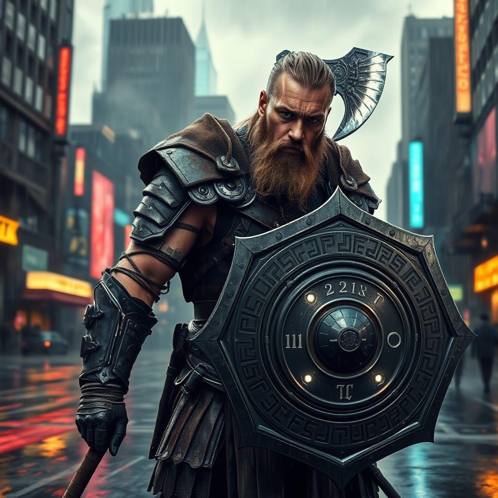 Travis Fimmel as Ragnar Lothbrok, clad in tactical armor and gear, wields a sleek, high-tech axe and holds a reinforced ...