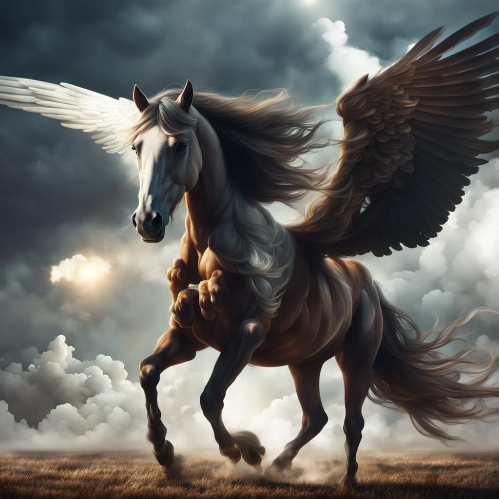 Winged Horse Soars Through Clouds in Digital Painting