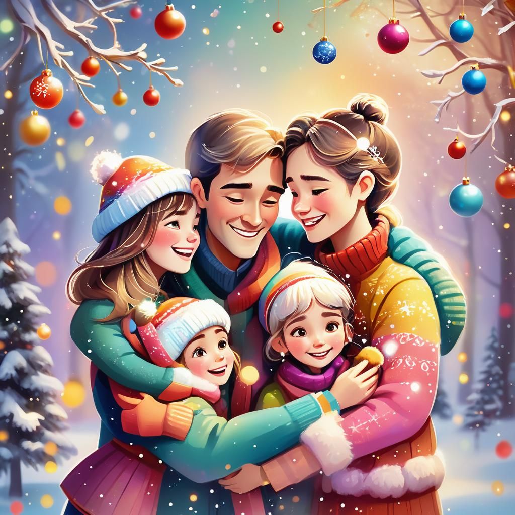 Joyful Winter Wonderland Family Embracing with Vibrant Color...