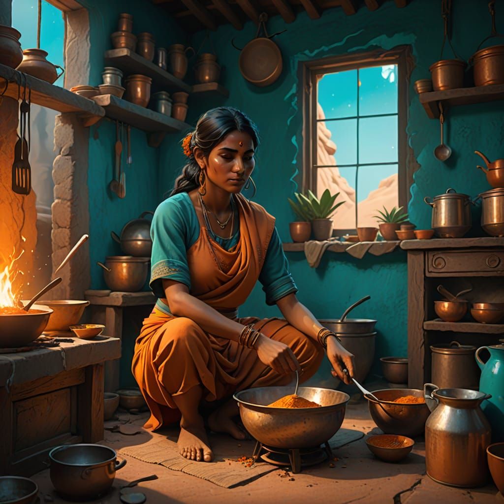 Indian Woman Cooking in Adobe Dwelling Concept Art