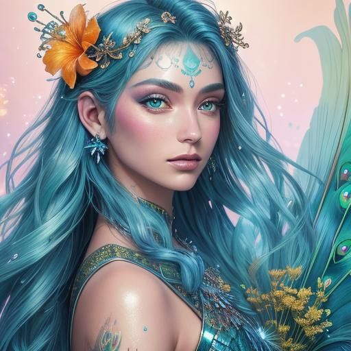 Peacock Mermaid Portrait in Detailed Digital Art Style