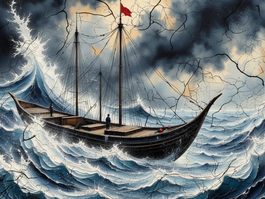 Japanese Fishing Boat Battles Stormy Seas in Ink Brush Style