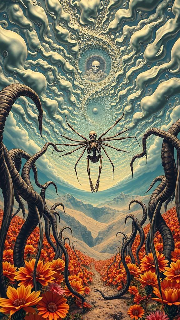 Surreal Landscape with Winged Skeleton and Metallic Sky