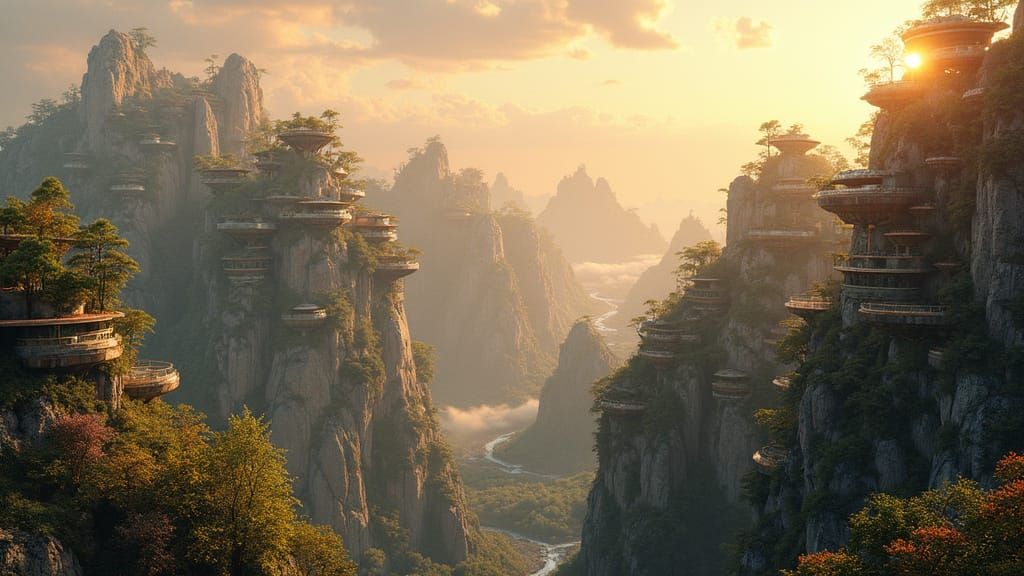 Mountain Arcology: Eco-Futurist Hanging Garden in Golden Lig...