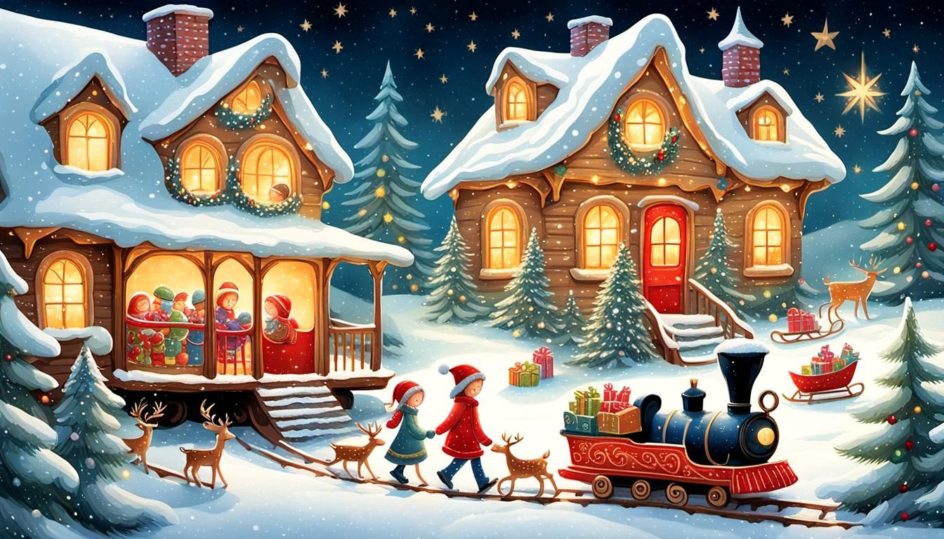 Whimsical Christmas Storybook Scene with Toy Train