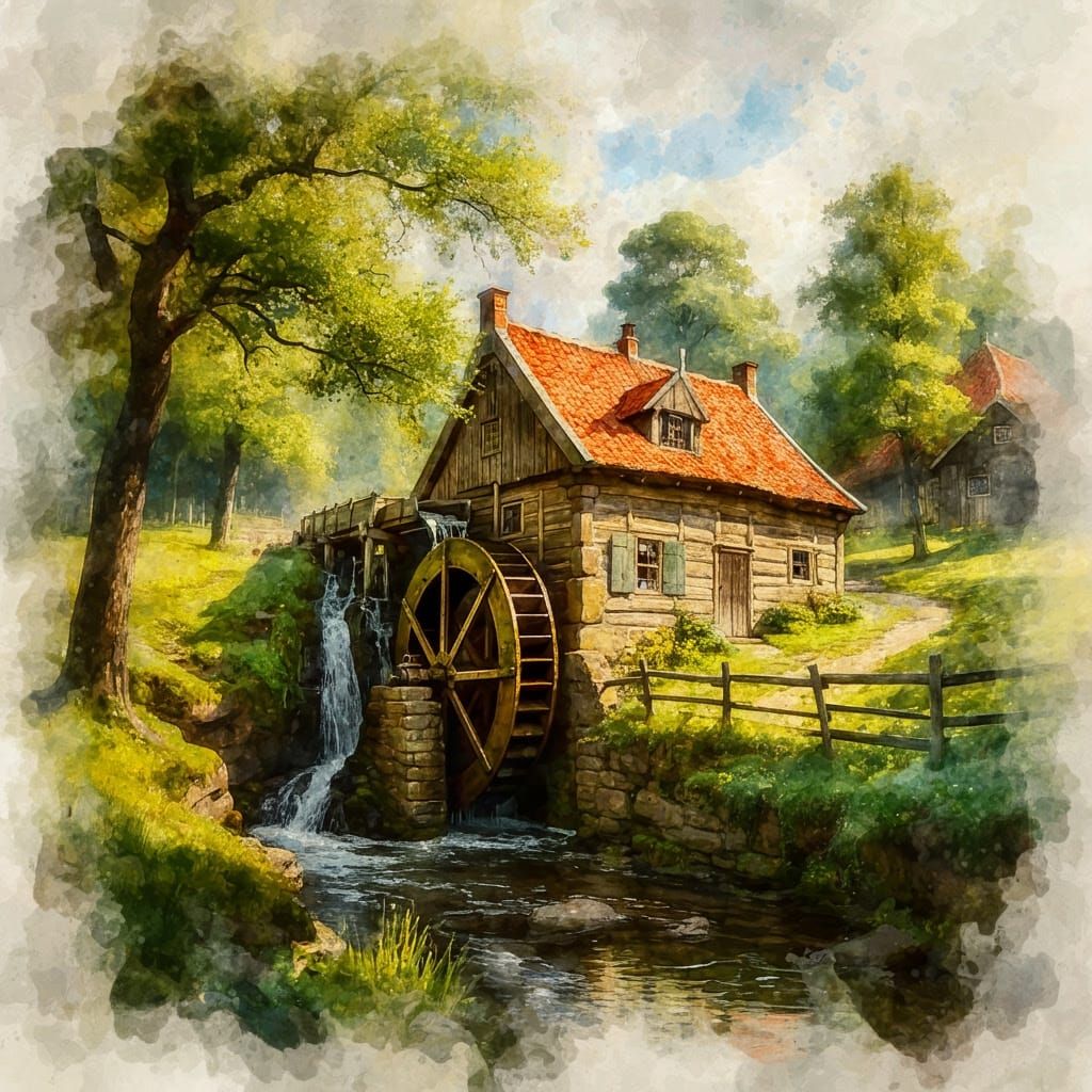 Waterwheel in Serene Forest Landscape