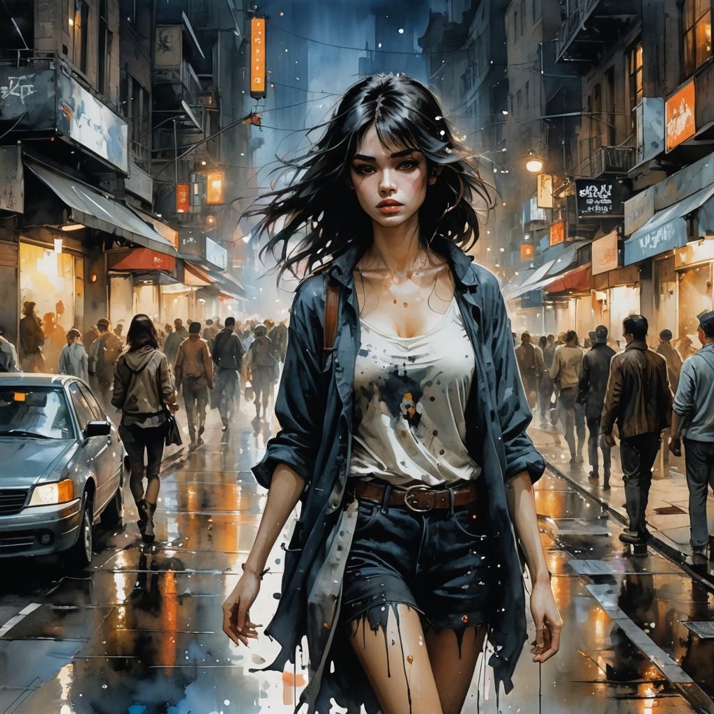 Dark-Haired Girl on Overcrowded Street, Watercolor Style