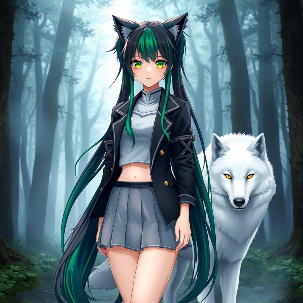 Anime Girl with Wolf Ears in Mystical Forest, 3D Render