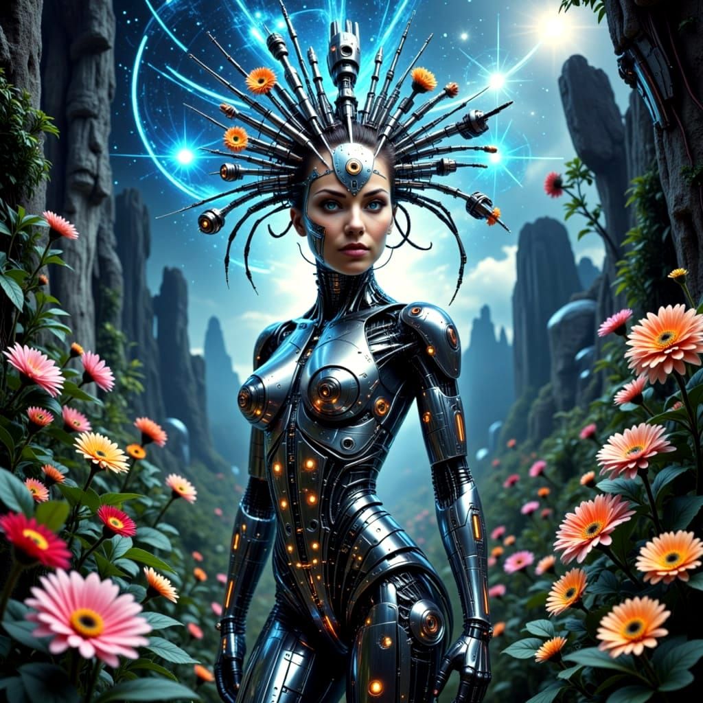 Seductive Sci-Fi Droid Basks in Blooming Garden