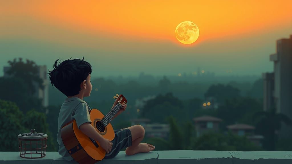 Boys Playing Guitar at Twilight: Retro Lo-fi Painting