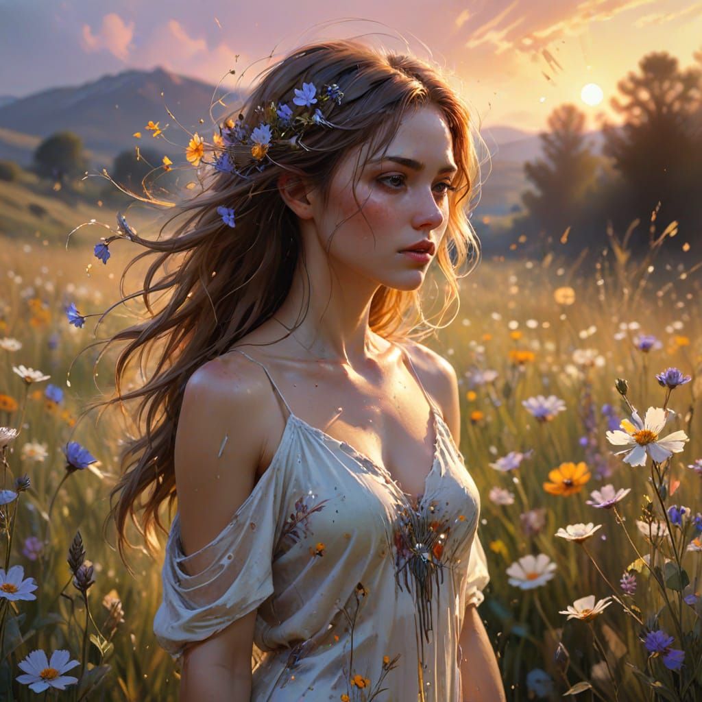 Ethereal Girl in Flower Field Watercolor Splash Art