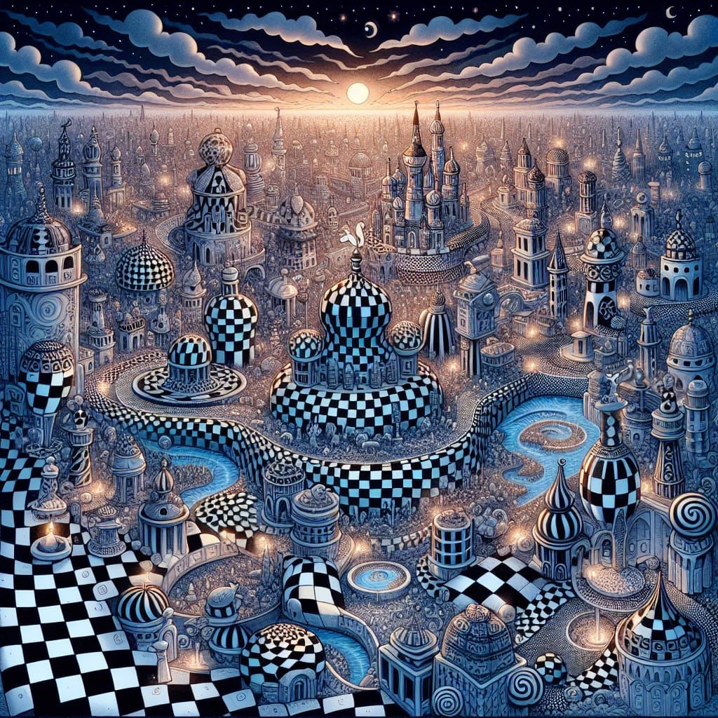 Whimsical Checkerboard Metropolis in Candy Land Style