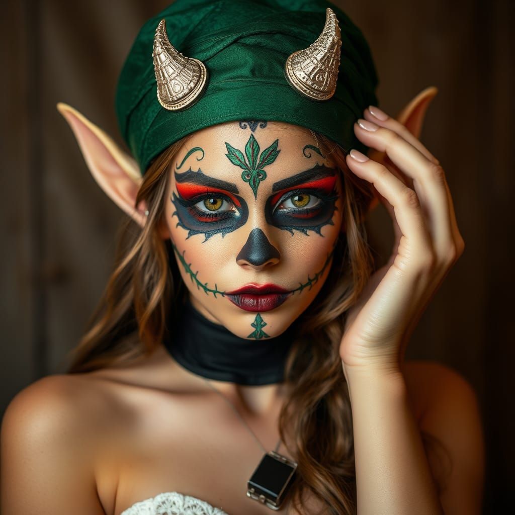 Elf Woman in Halloween Mask and Makeup