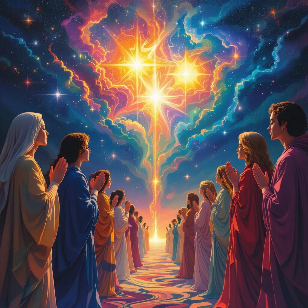 Psychedelic Figures Praying to Binary Stars in Astral Sky