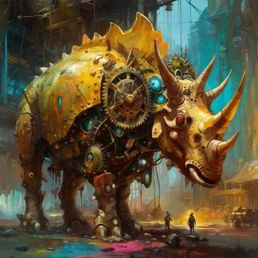 Golden Clockwork Triceratops in Dramatic Light