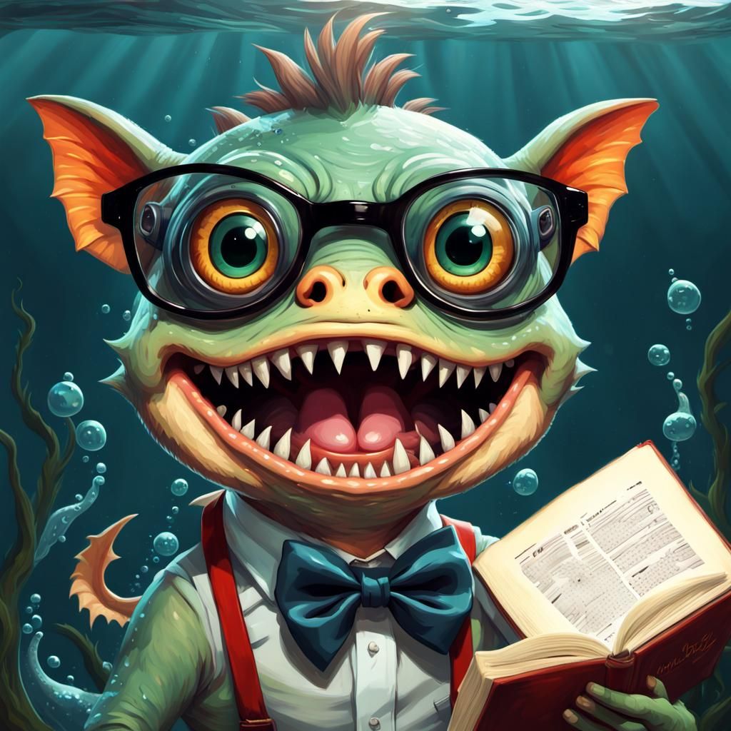 Nerdy Piranha Oil Painting in Gothic Impressionist Style