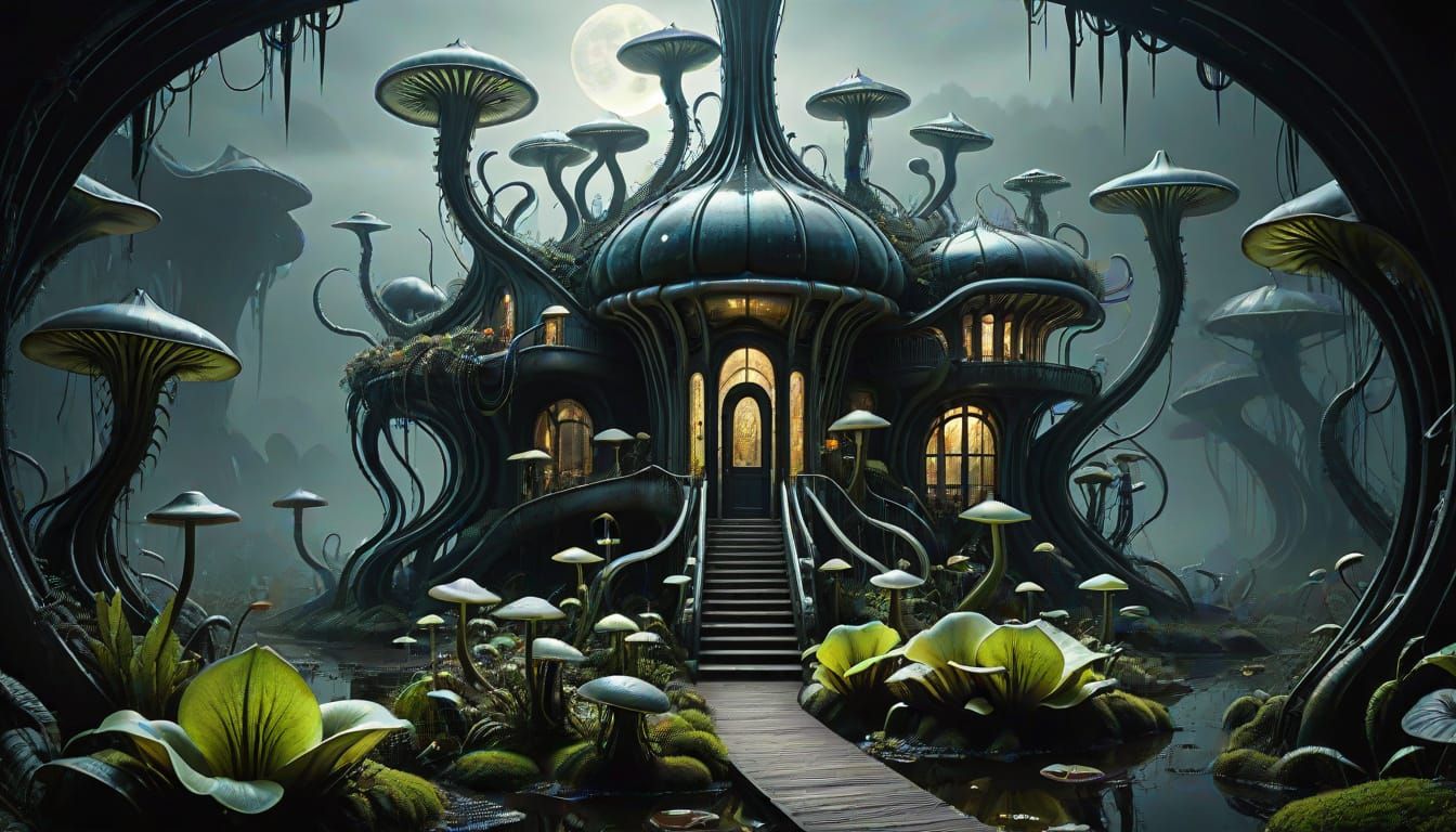 Biomechanical Summerhouse with Carnivorous Plants in Dark Fa...