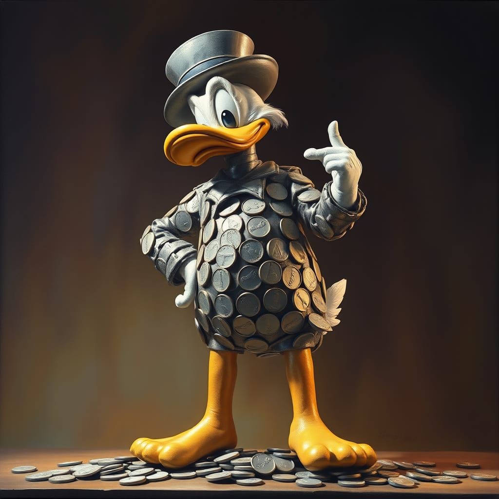 Uncle Scrooge Statue Made of Dimes in Realistic Oil Painting...