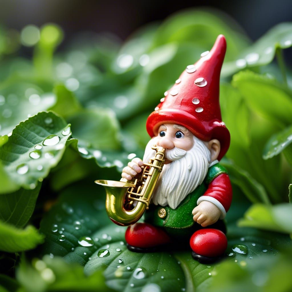 Garden Gnome Saxophonist on Lush Leaf