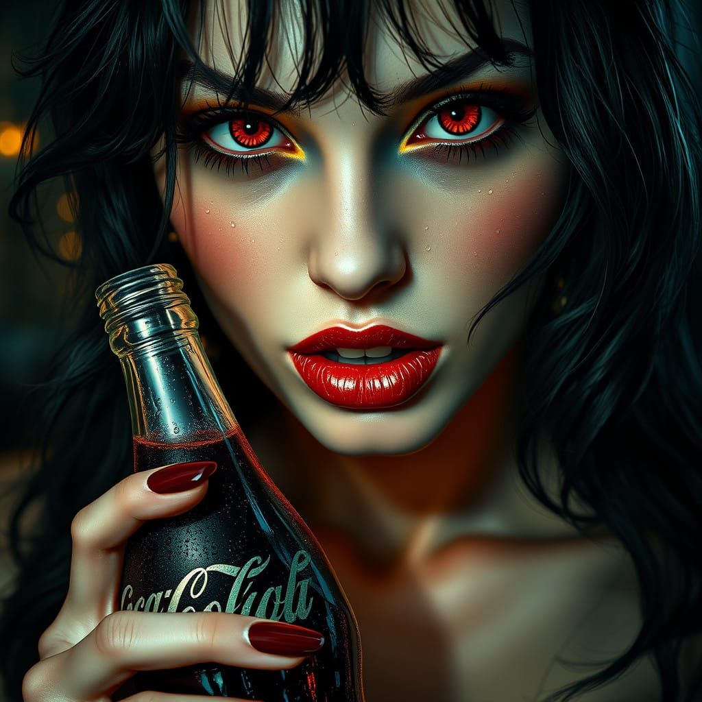 Succulent Vampire Goddess with Coca-Cola in a Moody, Atmosph...