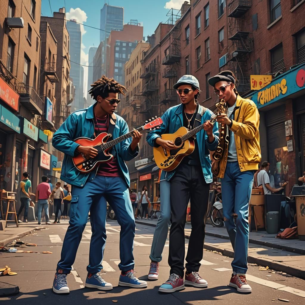 Friends Playing Music in Pop Art Style