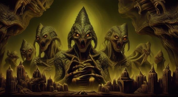 Giant Cobra Attacks Great Pyramid in Renaissance Oil Paintin...